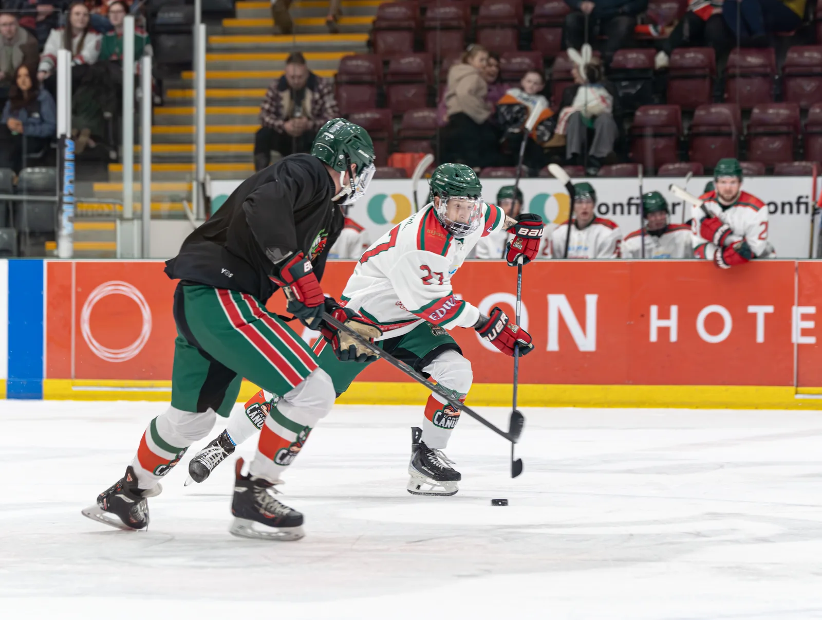 Canucks players in scrimmage action at the skills showcase.